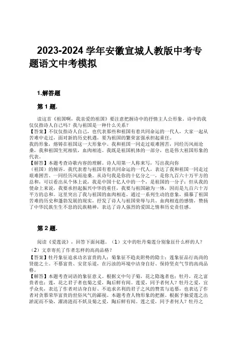 2023-2024学年安徽宣城人教版中考专题语文中考模拟习题及解析