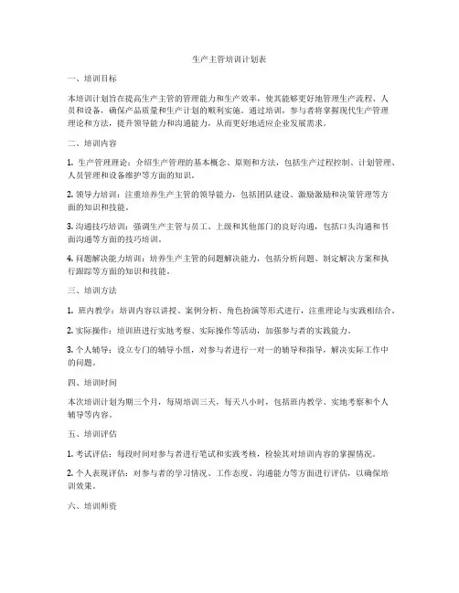 生产主管培训计划表