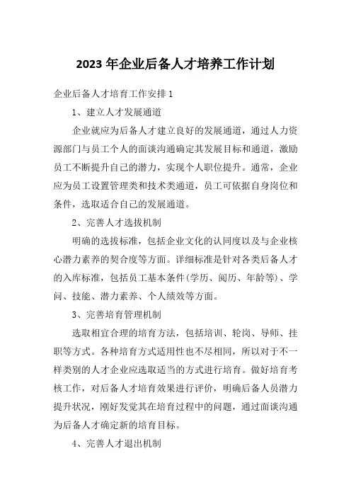 2023年企业后备人才培养工作计划