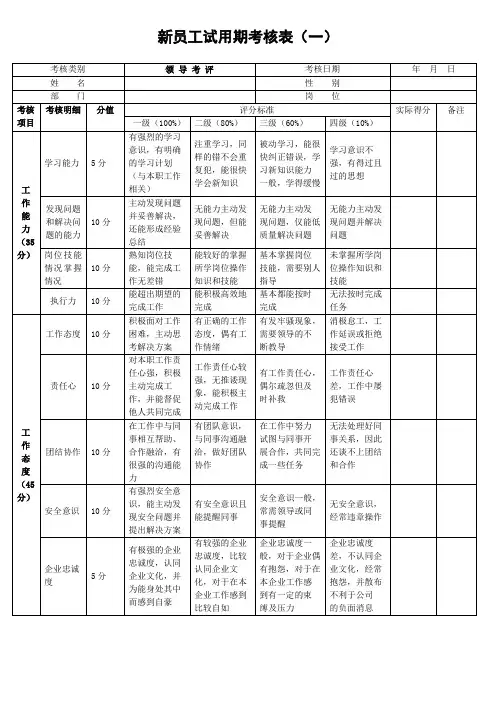 新员工试用期考核表(样本)