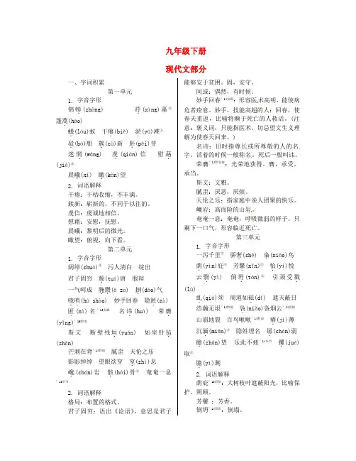 贵州省中考语文 第一部分 教材知识梳理 九下 九年级下册  现代文部分复习素材
