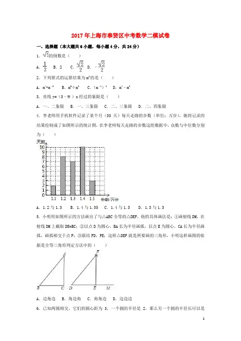 上海市奉贤区中考数学二模试卷(含解析)