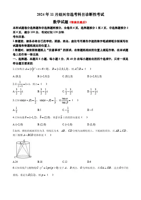 浙江省绍兴市2024-2025学年高三上学期一模(11月选考科目诊断性考试)数学试题含答案