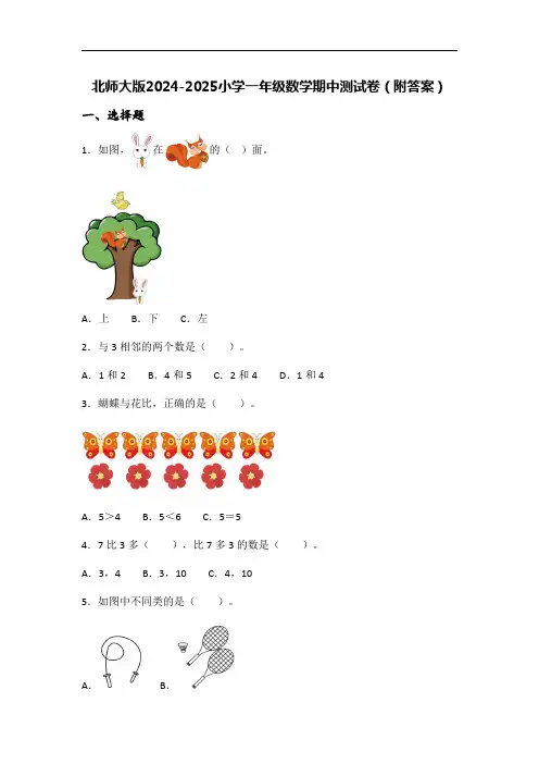 北师大版2024-2025小学一年级数学期中测试卷(附答案)