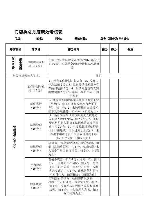 门店技术老师月度绩效考核表2