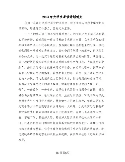 2024年大学生暑假计划例文(3篇)