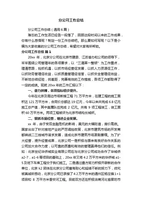 分公司工作总结（通用6篇）