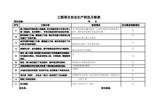 工程项目安全生产状况月报表