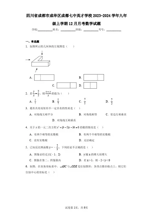 四川省成都市成华区成都七中英才学校2023-2024学年九年级上学期12月月考数学试题