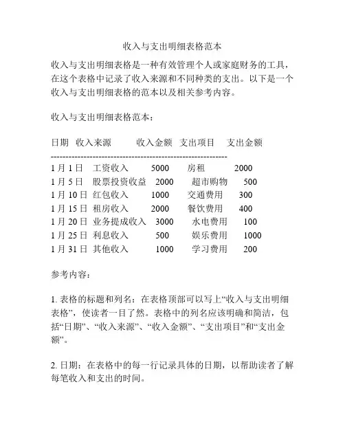 收入与支出明细表格范本