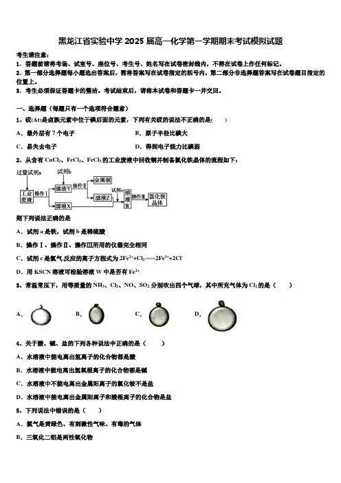 黑龙江省实验中学2025届高一化学第一学期期末考试模拟试题含解析