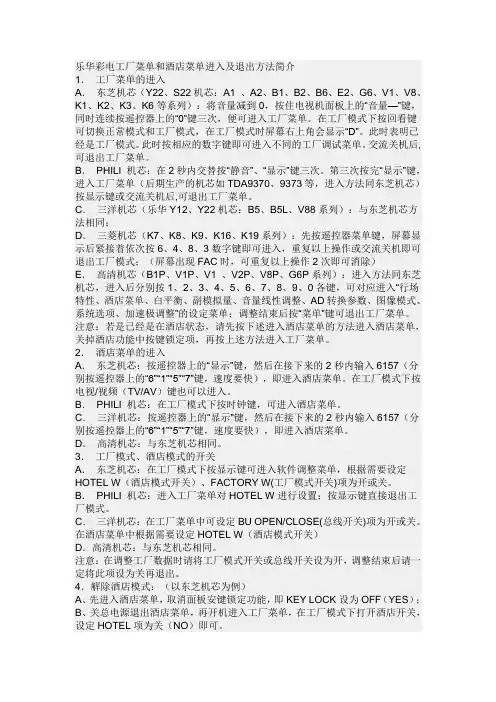 乐华彩电工厂菜单和酒店菜单进入及退出方法简介
