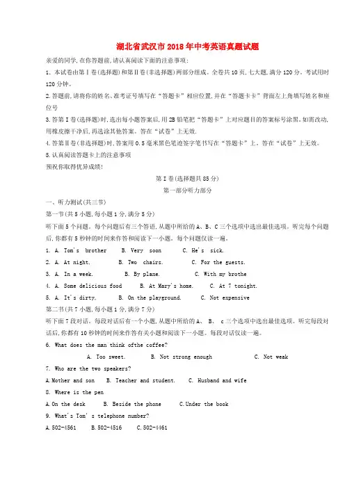 湖北省武汉市2018年中考英语真题试题Word版含解析