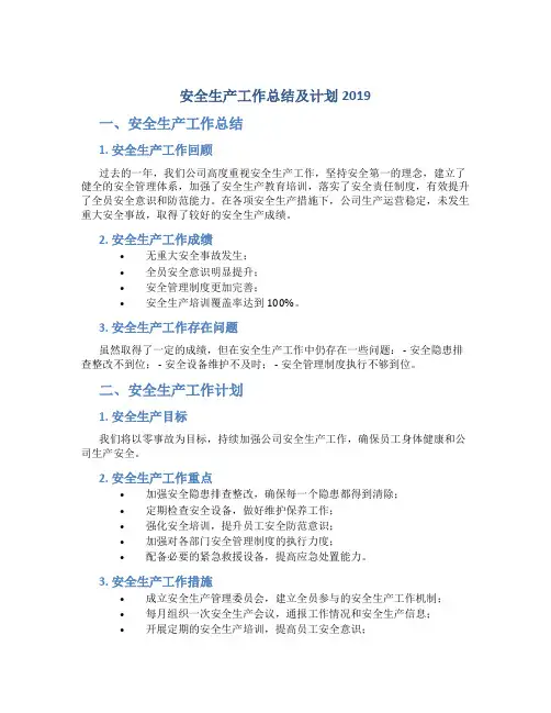 安全生产工作总结及计划2019
