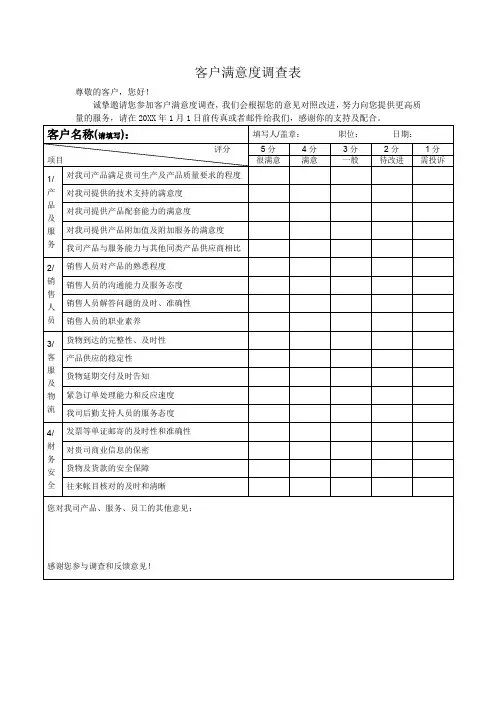 客户满意度调查表
