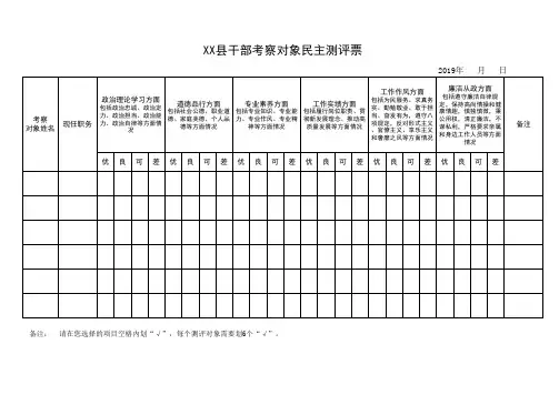 民主测评表 干部考察对象民主测评票
