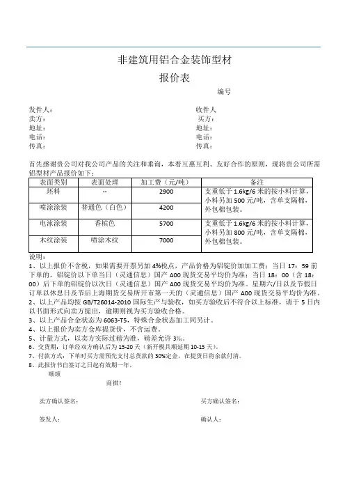 铝型材加工报价表(加工合同)