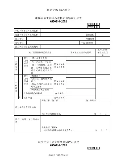 电梯安装工程设备进场质量检验记录表