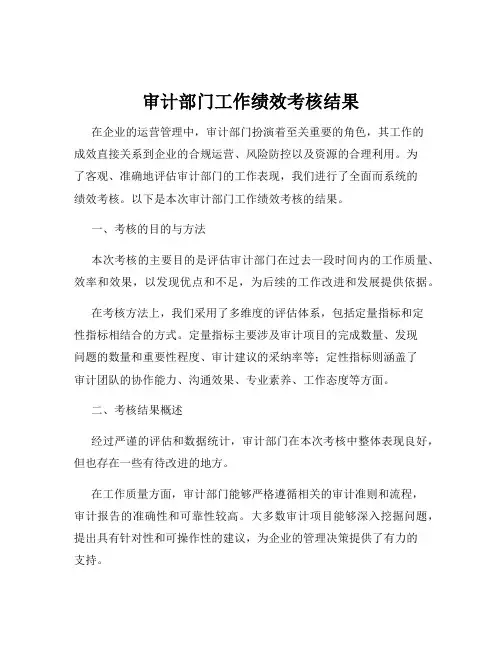 审计部门工作绩效考核结果