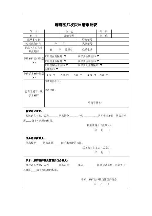麻醉医师授权申请表