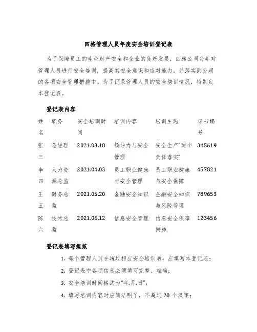 四格管理人员年度安全培训登记表