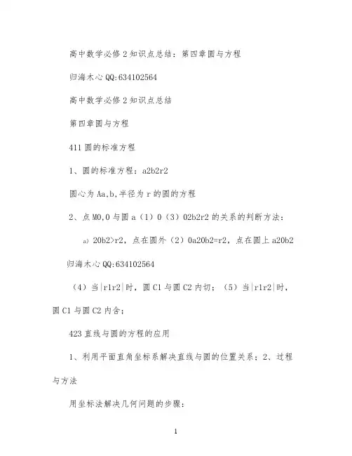 高中数学必修2知识点总结：第四章 圆与方程