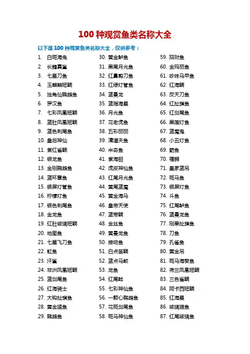 100种观赏鱼类名称大全