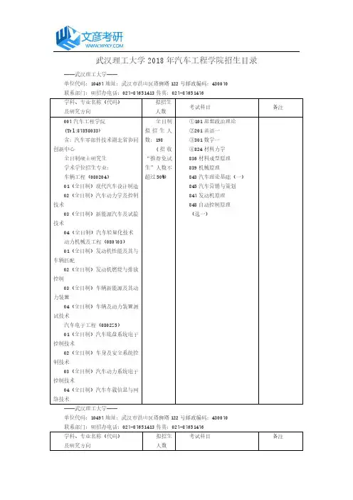 武汉理工大学2018年汽车工程学院招生目录_武汉理工大学考研网