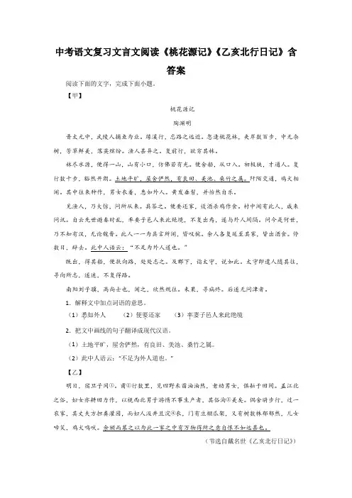 中考语文复习文言文阅读《桃花源记》《乙亥北行日记》含答案
