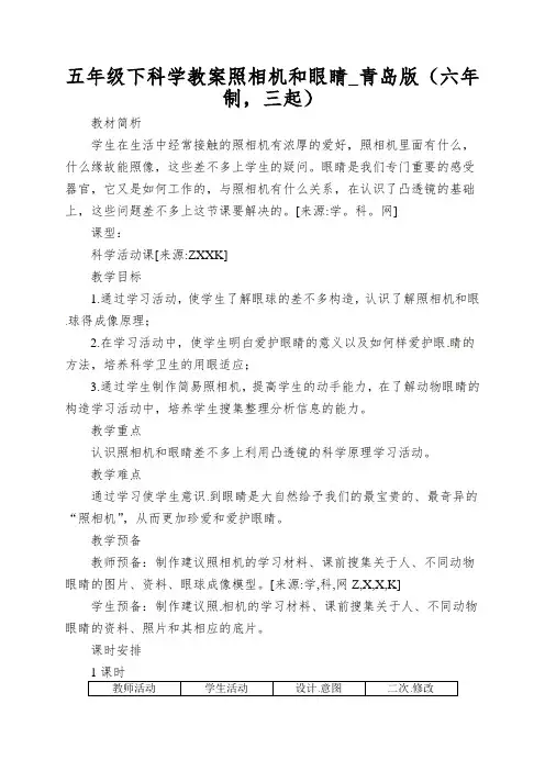 五年级下科学教案照相机和眼睛_青岛版(六年制,三起)