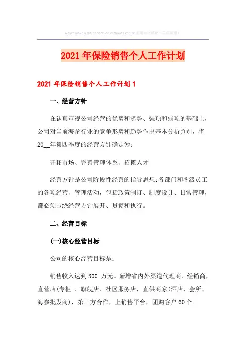 2021年保险销售个人工作计划