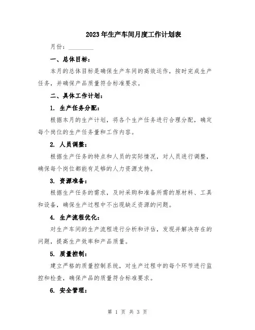 2023年生产车间月度工作计划表