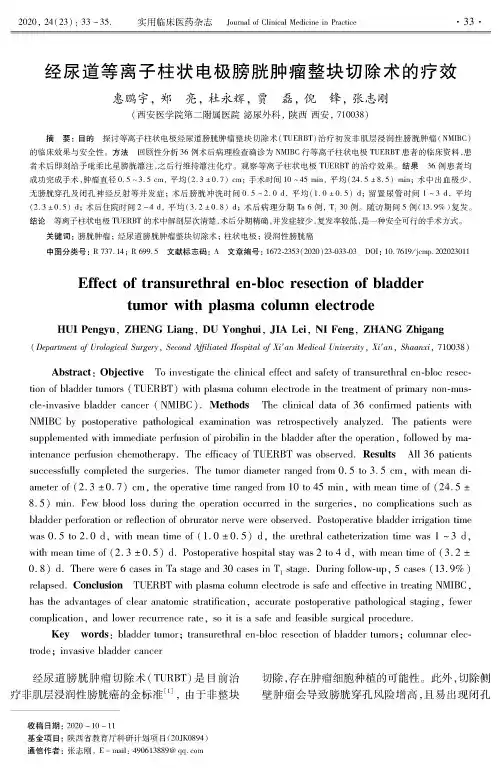 经尿道等离子柱状电极膀胱肿瘤整块切除术的疗效