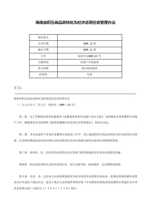 海南省积压商品房转化为经济适用住房管理办法-琼府办[1999]134号