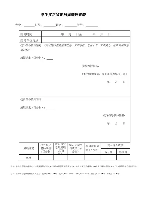 学生实习鉴定与成绩评定表