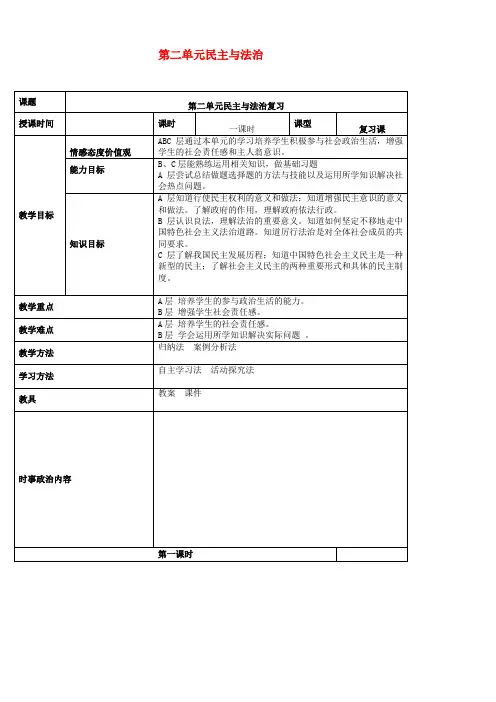 2019年中考道德与法治一轮复习九年级上第二单元民主与法治教案新人教版201903131146