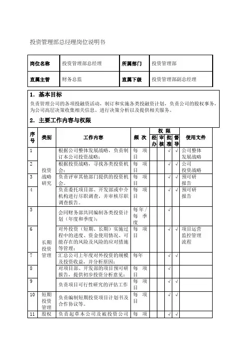 发展投资公司投资管理部总经理岗位说明书