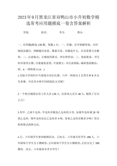 2023年9月黑龙江省双鸭山市小升初数学精选常考应用题摸底一卷含答案解析