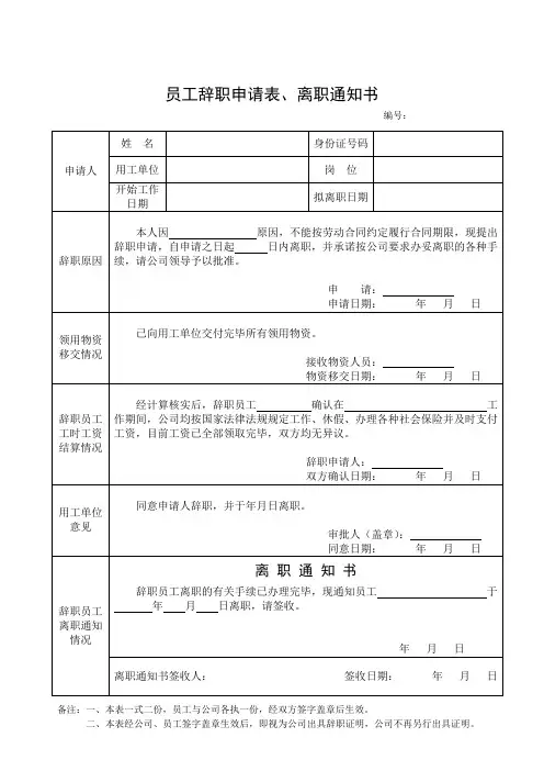 员工辞职申请表、离职通知书