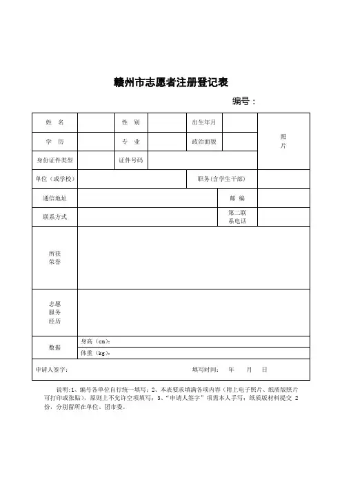 赣州市志愿者注册登记表