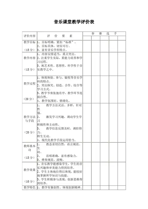 音乐课堂教学评价表