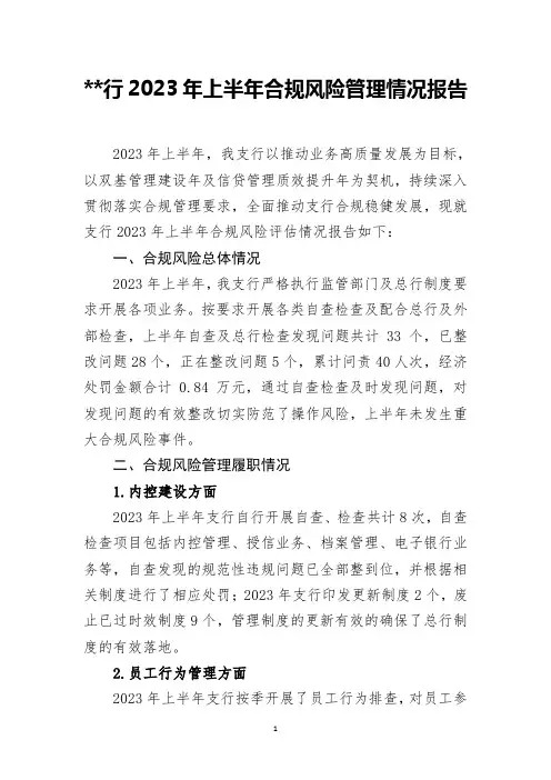 银行支行2023年上半年合规风险管理情况报告