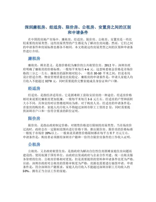 深圳廉租房、经适房、限价房、公租房、安置房之间的区别和申请条件