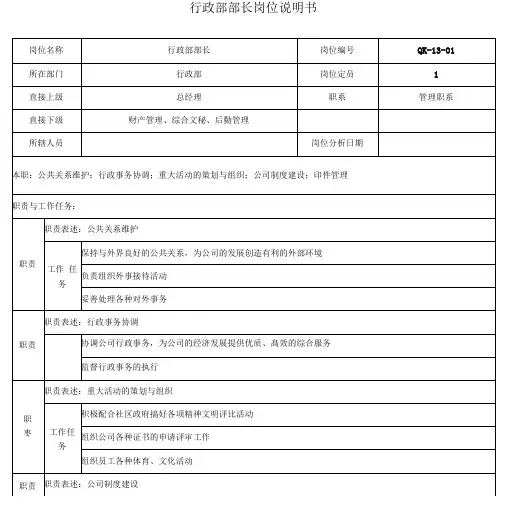 行政部部长岗位说明书0001