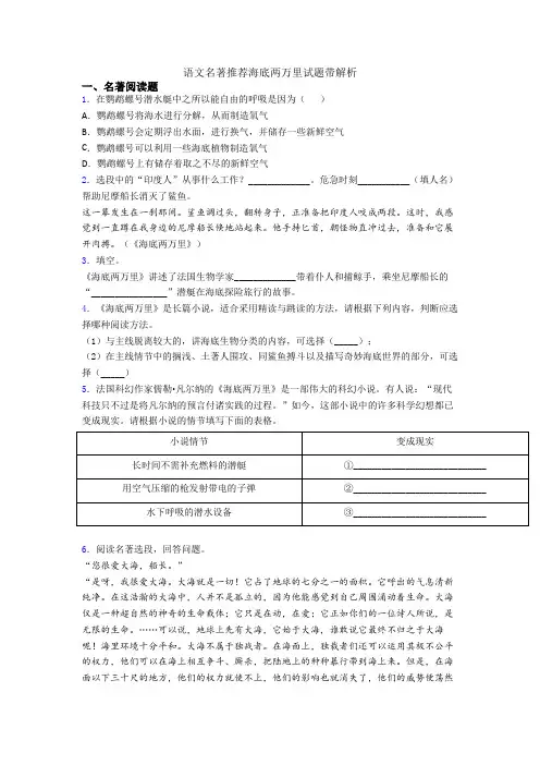 语文名著推荐海底两万里试题带解析
