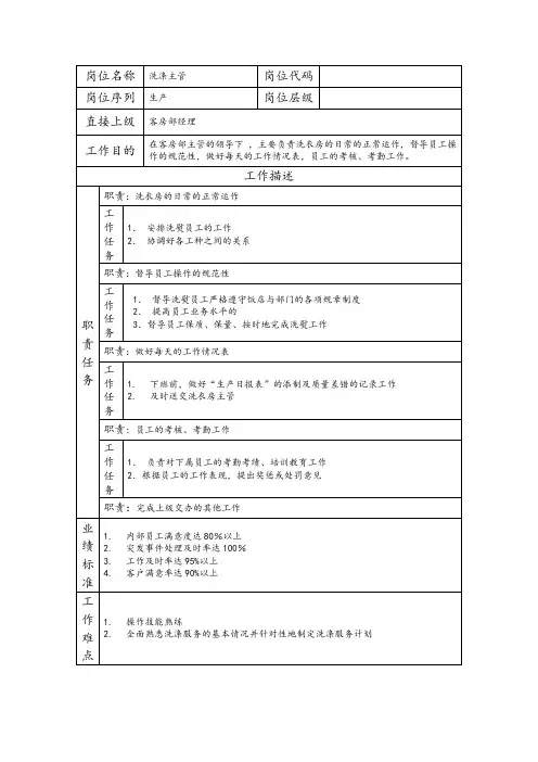 洗涤主管--物业管理类公司岗位职责说明书