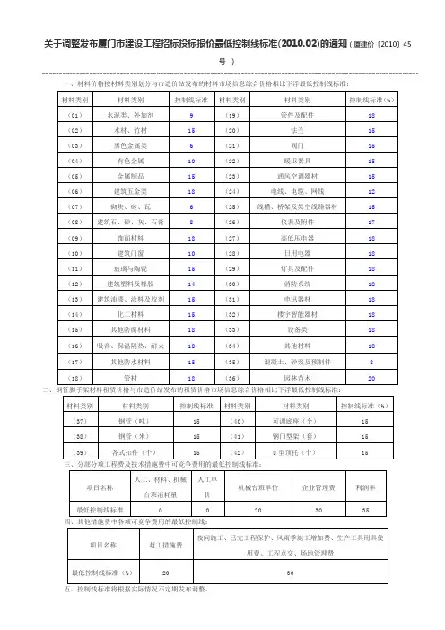2010.02关于调整发布厦门市建设工程招标投标报价最低控制线标准