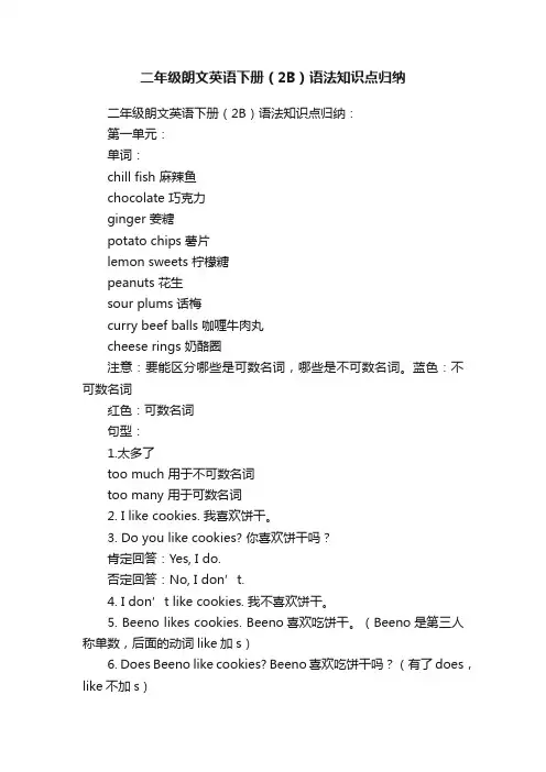 二年级朗文英语下册（2B）语法知识点归纳