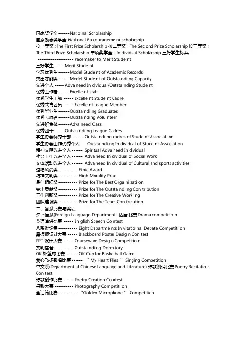 各种奖励荣誉英文的英文表达方式