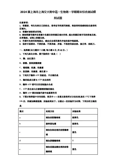 2024届上海市上海交大附中高一生物第一学期期末综合测试模拟试题含解析